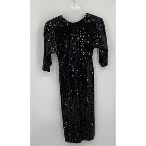 Oleg Cassini vintage 80s black sequin cocktail dress midi sheath back scoop 4